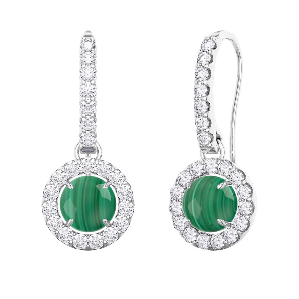 Halo Malachite Platinum plated Silver Pave Drop Earrings