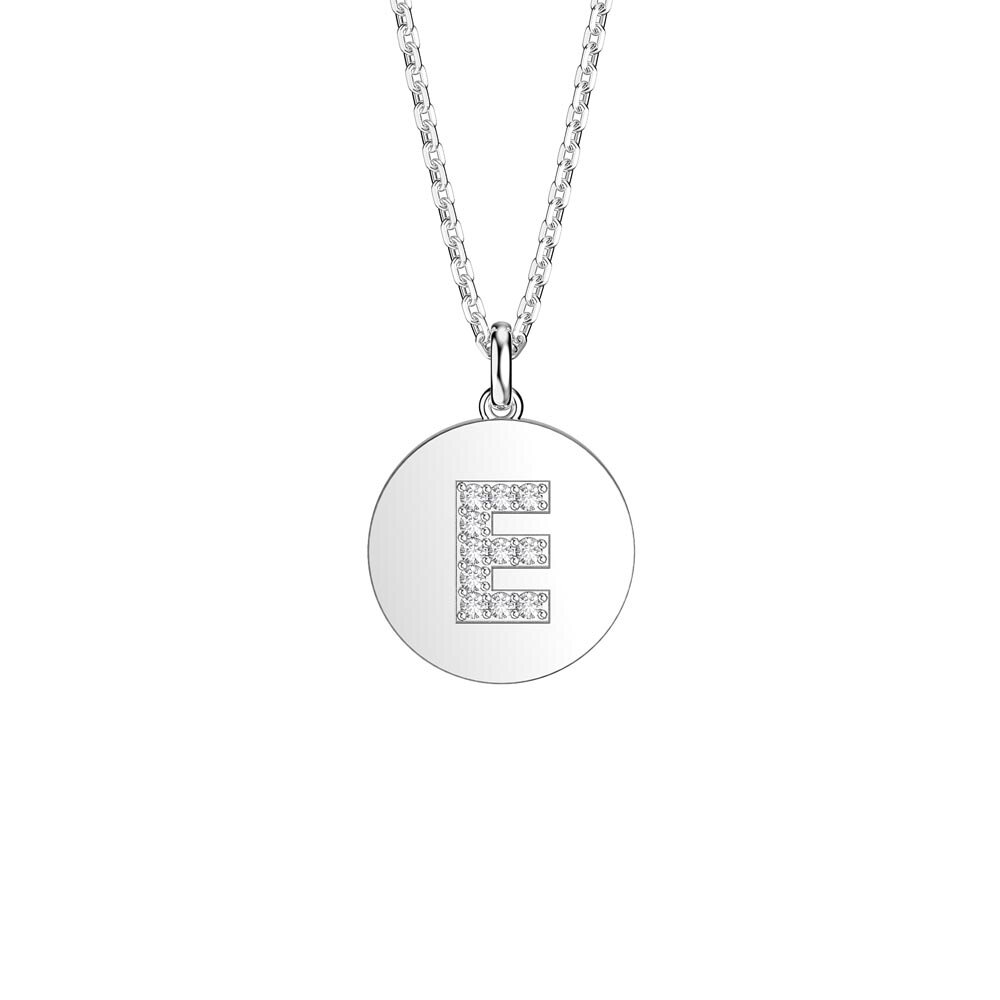 Charisma Moissanite Pave Platinum plated Silver Alphabet Pendant E