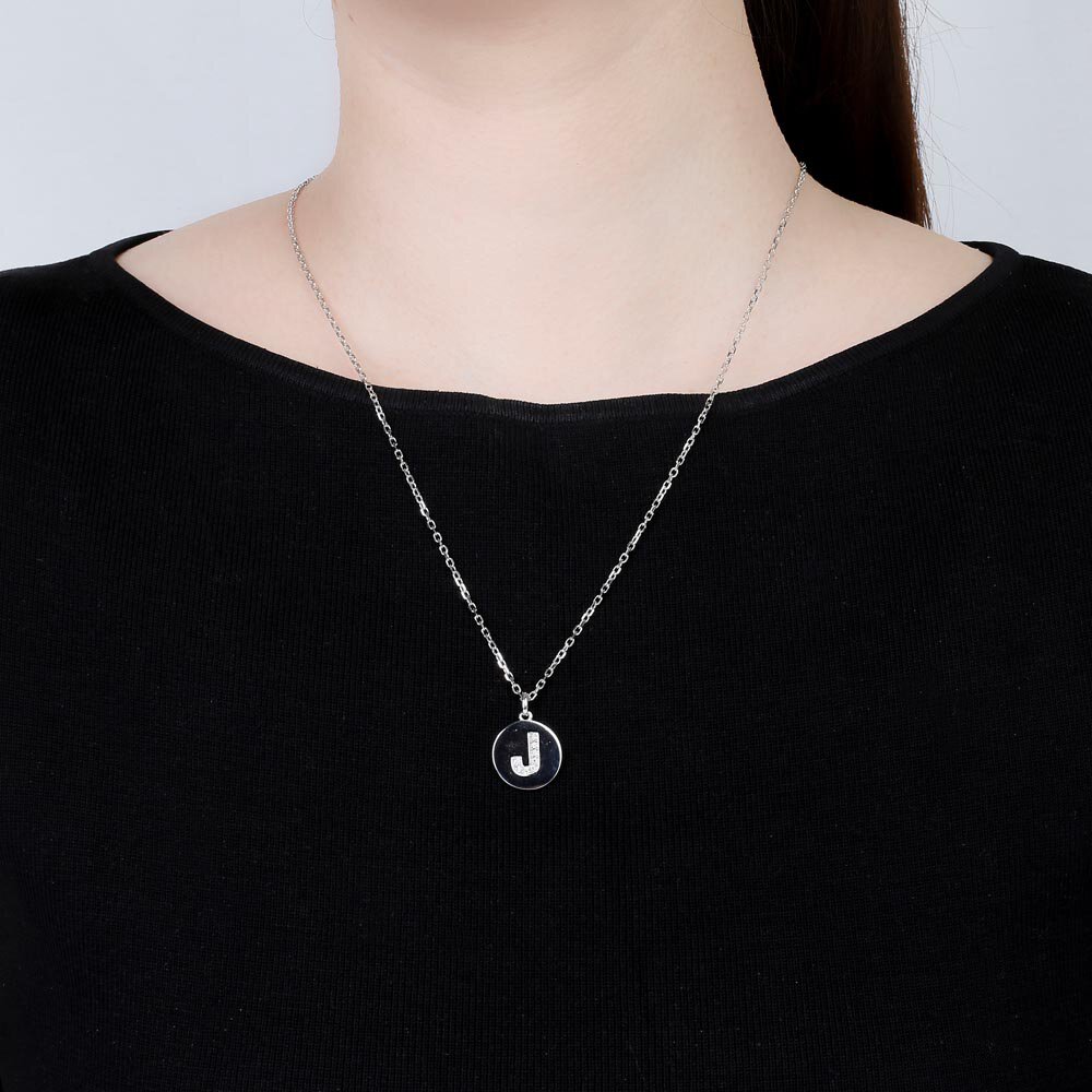 Charisma Moissanite Pave Platinum plated Silver Alphabet Pendant J #2