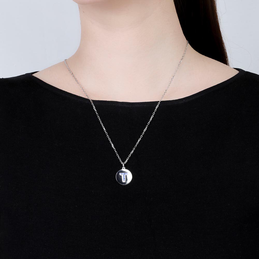 Charisma Sapphire Pave Platinum plated Silver Alphabet Pendant T #2