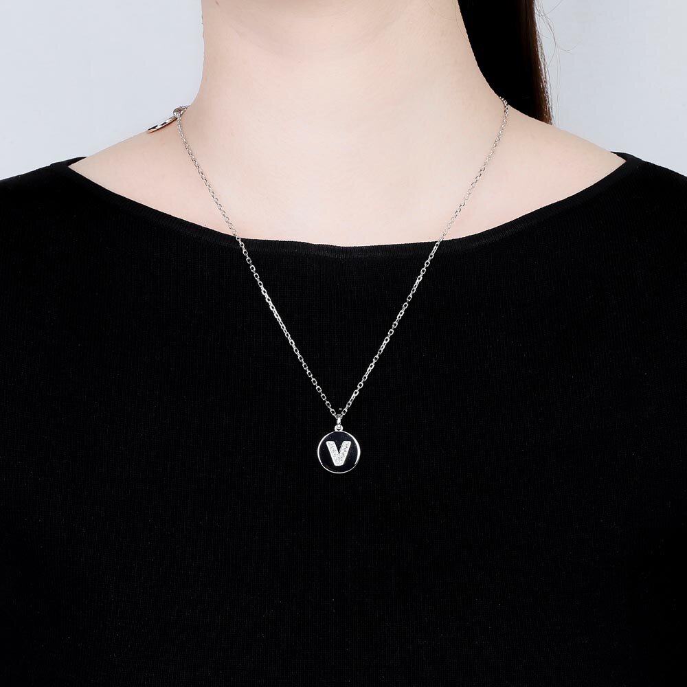 Charisma Moissanite Pave Platinum plated Silver Alphabet Pendant V #2