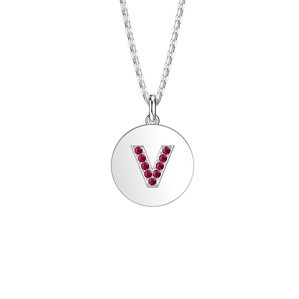 Charisma Ruby Pave Platinum plated Silver Alphabet Pendant V