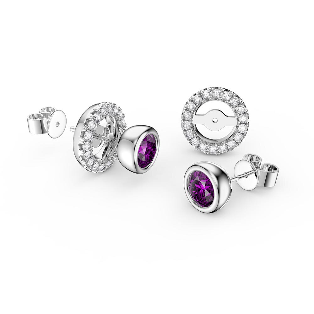 Infinity Amethyst and Moissanite Platinum plated Silver Stud Earrings Halo Jacket Set
