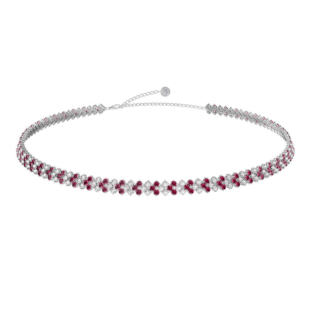 Eternity Three Row Ruby and Diamond CZ Silver Adjustable Choker Tennis Necklace