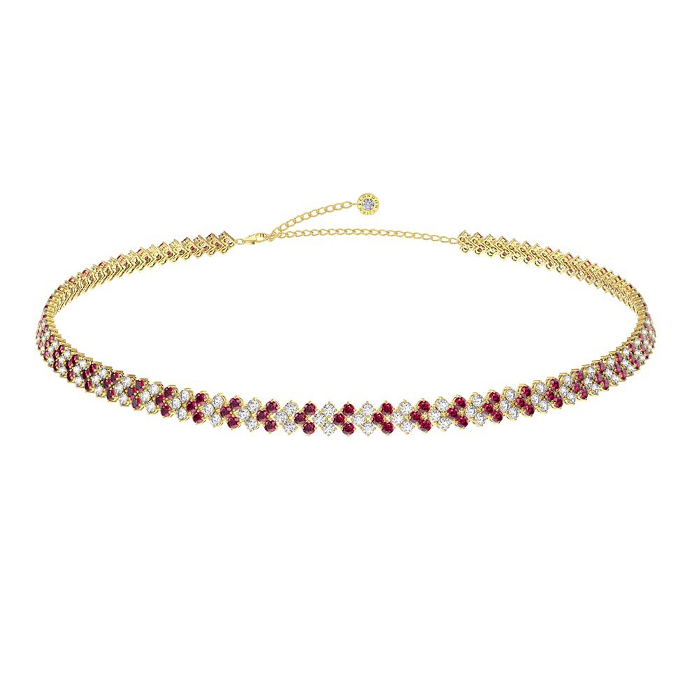 Eternity Three Row Ruby and Diamond CZ 18ct Gold plated Silver Adjustable Choker Tennis Necklace