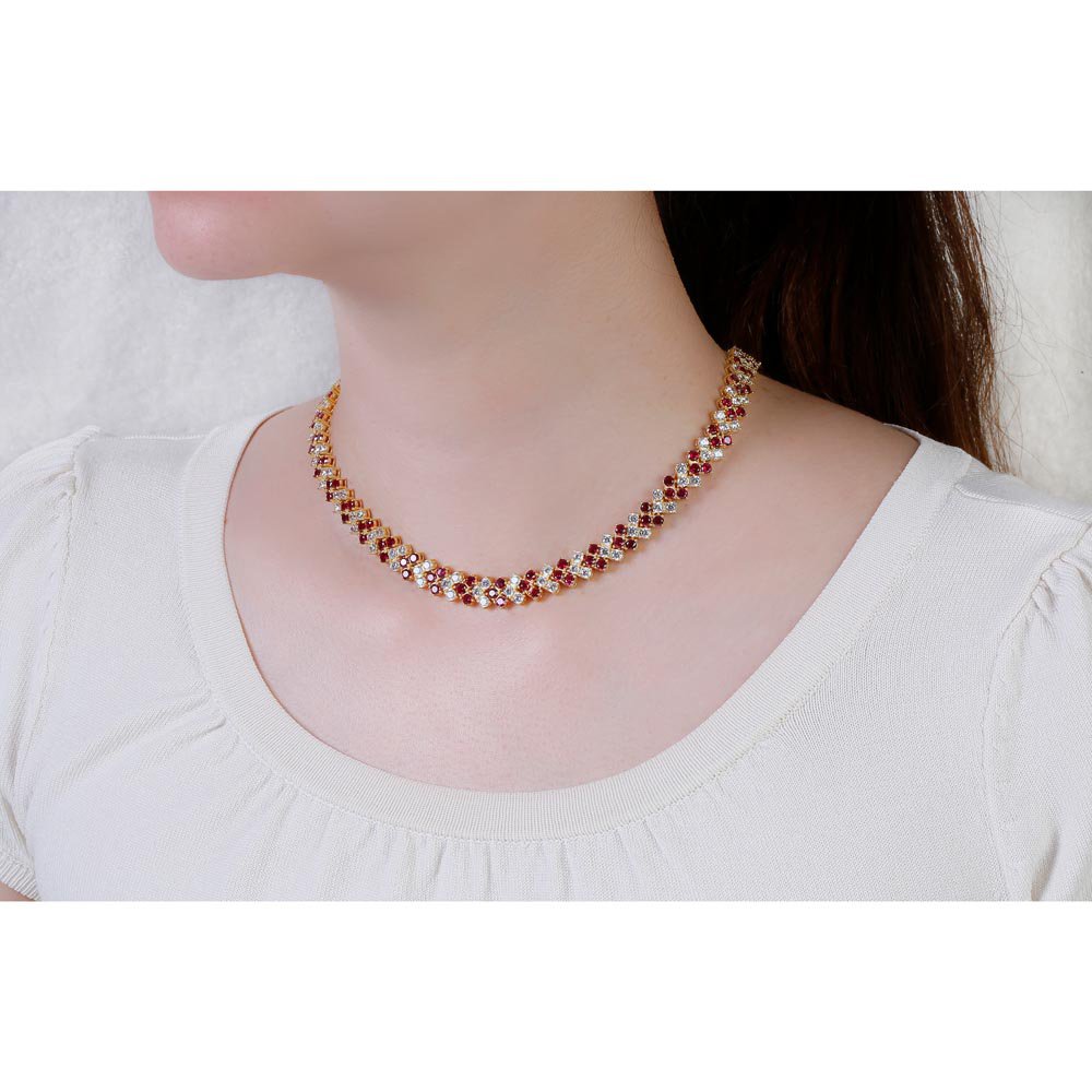 Eternity Three Row Ruby and Diamond CZ 18ct Gold plated Silver Adjustable Choker Tennis Necklace #2