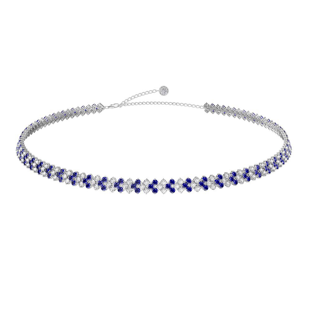 Eternity Three Row Sapphire and Diamond CZ Silver Adjustable Choker Tennis Necklace