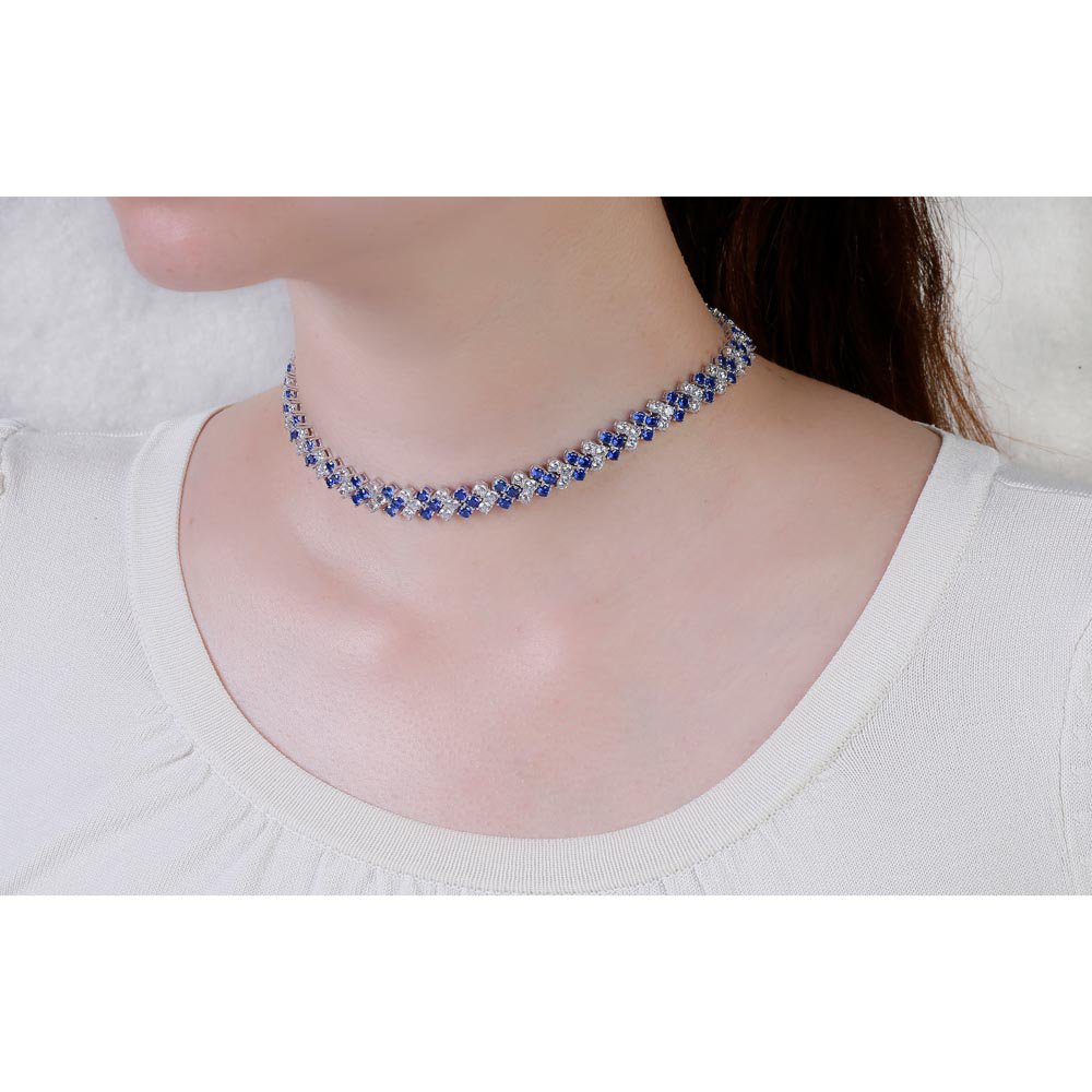 Eternity Three Row Sapphire and Diamond CZ Silver Adjustable Choker Tennis Necklace #2