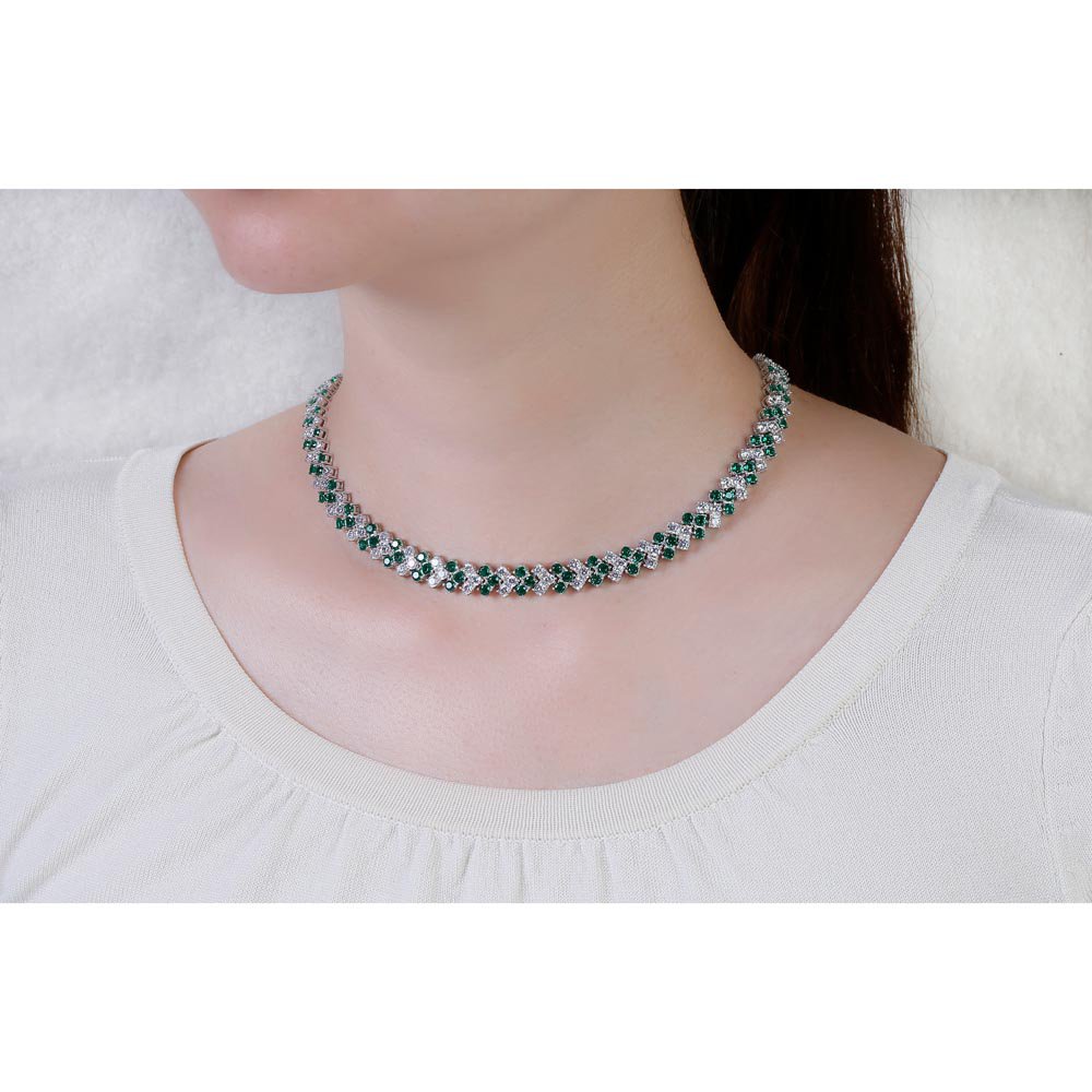 Eternity Three Row Emerald and Diamond CZ Silver Adjustable Choker Tennis Necklace #2