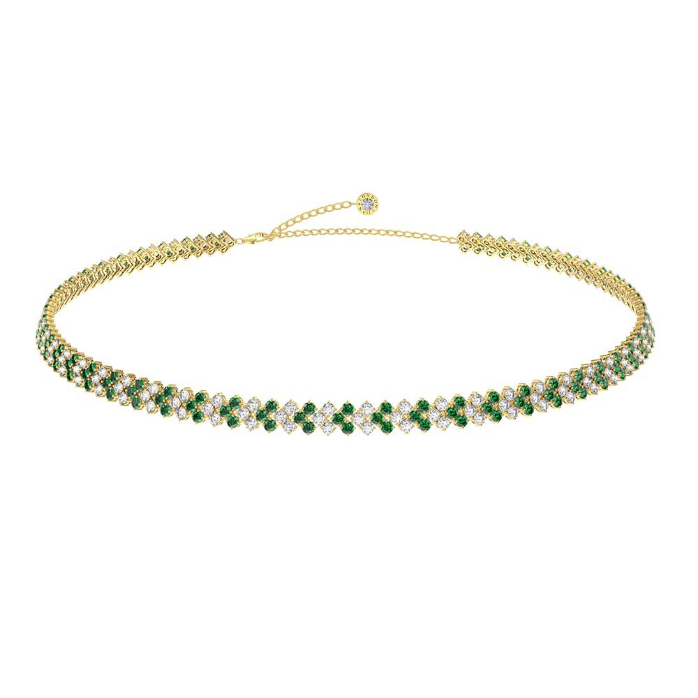 Eternity Three Row Emerald and Diamond CZ 18ct Gold plated Silver Adjustable Choker Tennis Necklace