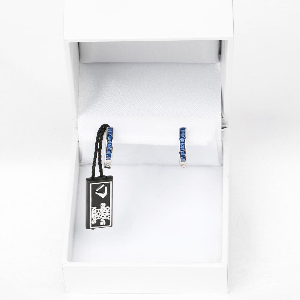 Princess Blue Sapphire 9ct White Gold Hoop Earrings Small #3