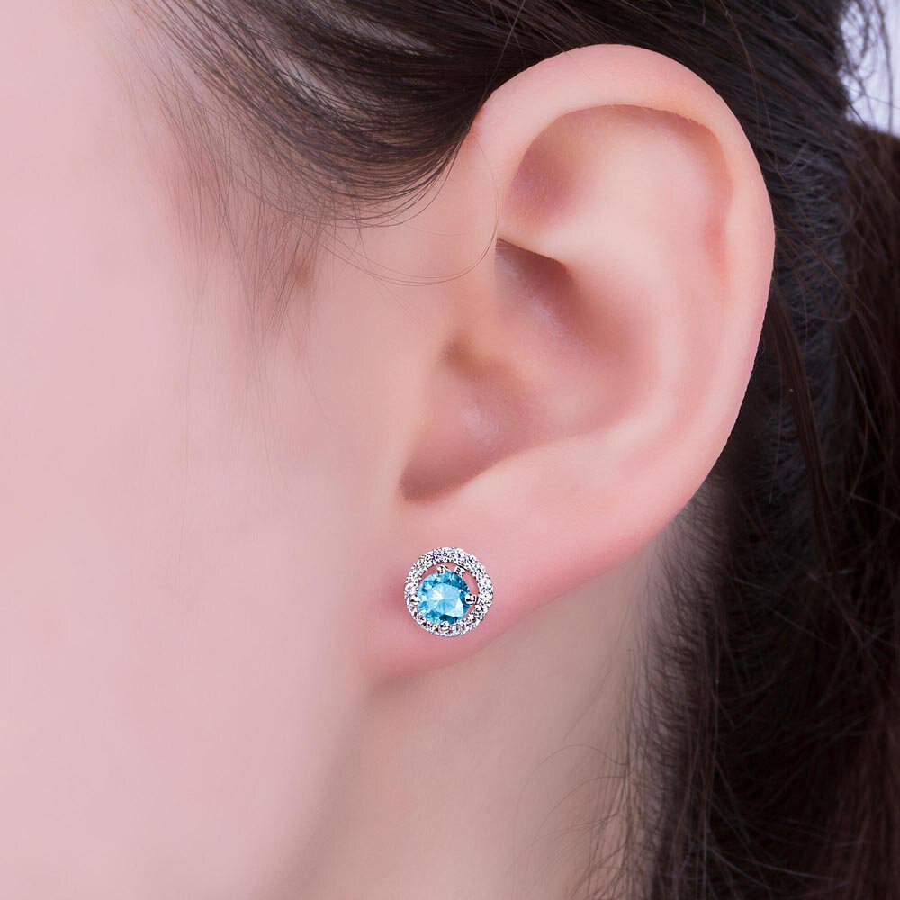 Fusion 1ct Swiss Blue Topaz 9ct White Gold Stud Earrings Halo Jacket Set #3