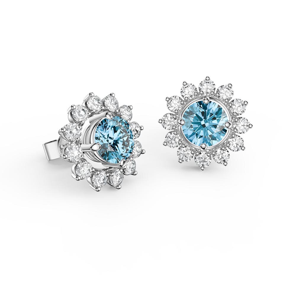 Fusion 1ct Swiss Blue Topaz Lab Diamonds 18ct White Gold Stud Earrings Starburst Halo Jacket Set #2
