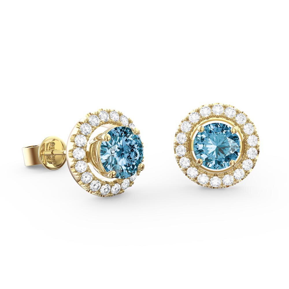 Fusion 1ct Swiss Blue Topaz 9ct Yellow Gold Stud Earrings Halo Jacket Set #2