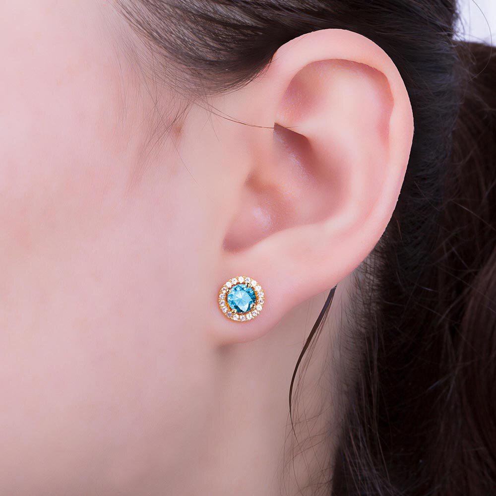 Fusion 1ct Swiss Blue Topaz 9ct Yellow Gold Stud Earrings Halo Jacket Set #4