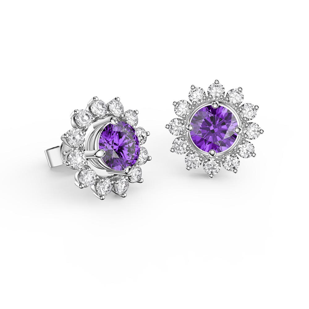 Fusion 1ct Amethyst 18ct White Gold Stud Earrings Starburst Halo Jacket Set #2