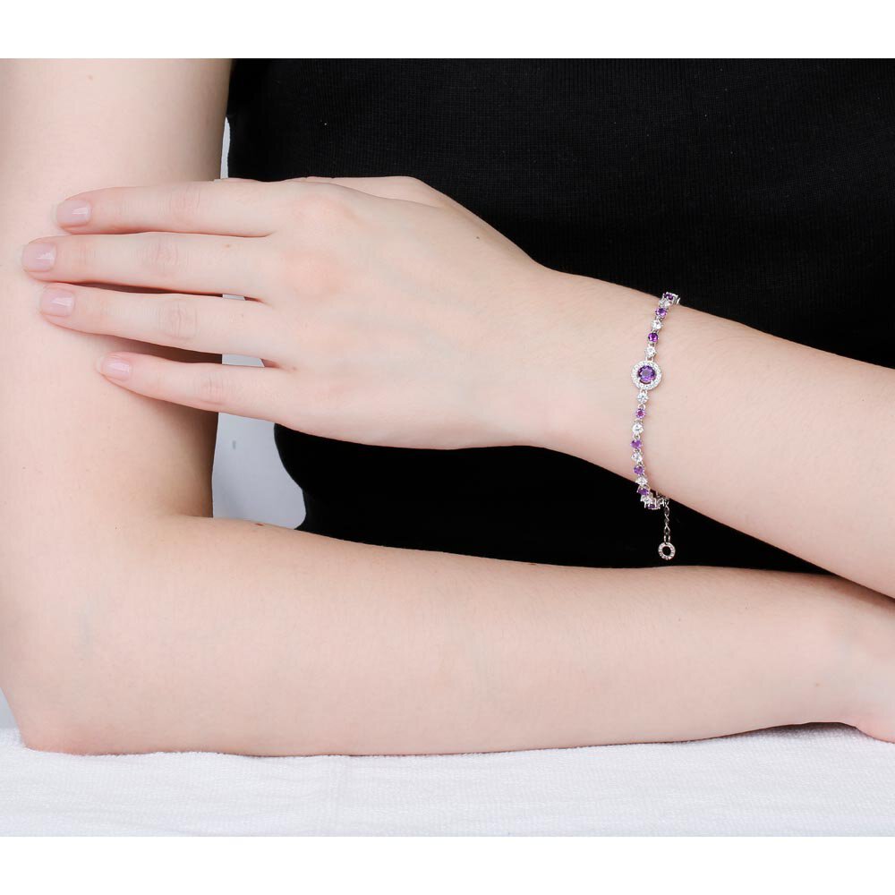Fusion Amethyst Moissanite Halo 18ct White Gold Tennis Bracelet #2