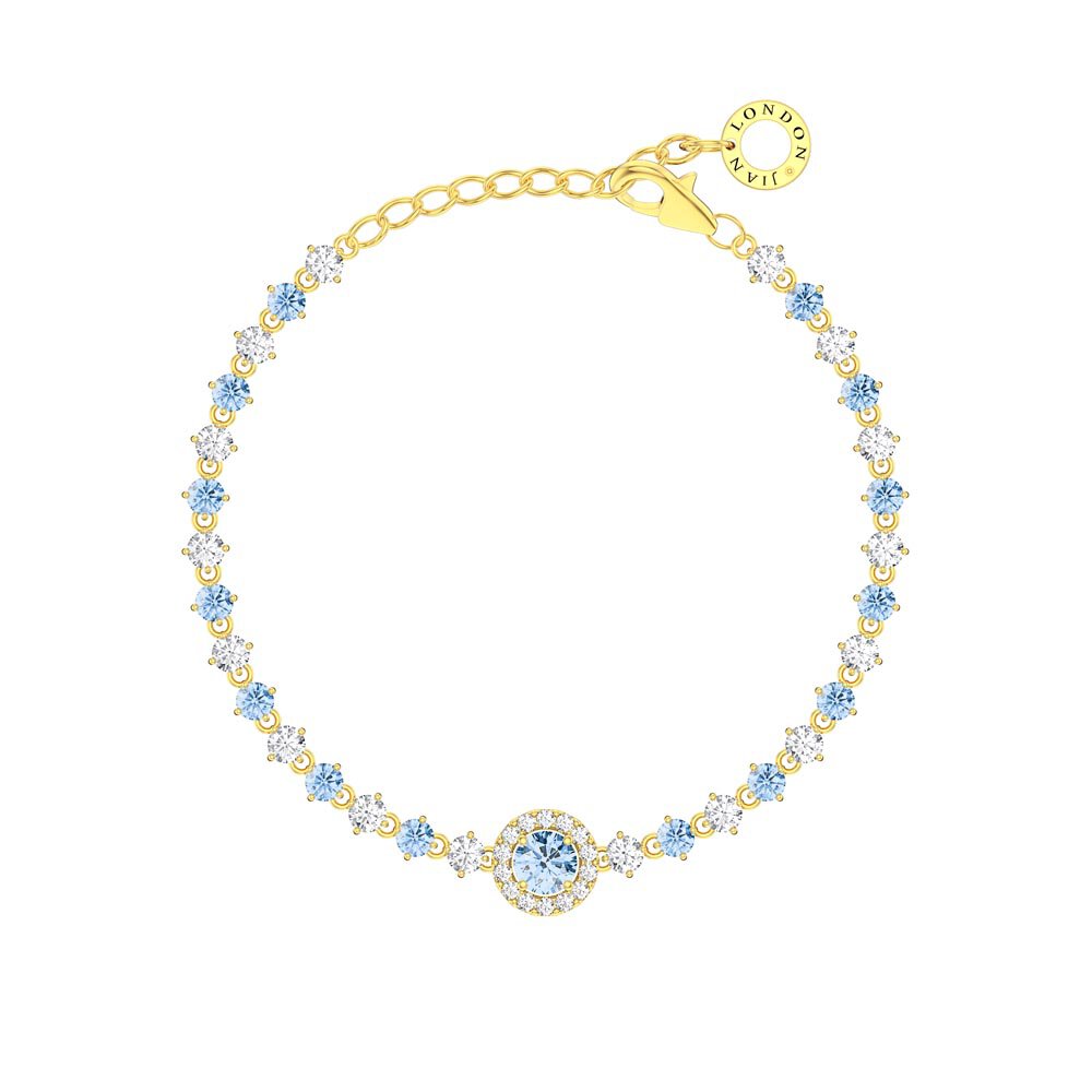 Fusion Aquamarine Moissanite Halo 18ct Yellow Gold Tennis Bracelet
