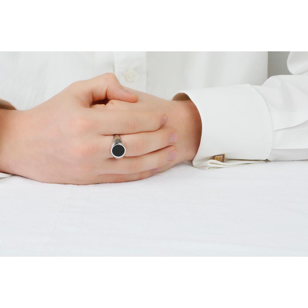 Round Onyx Platinum plated Silver Signet Ring #2