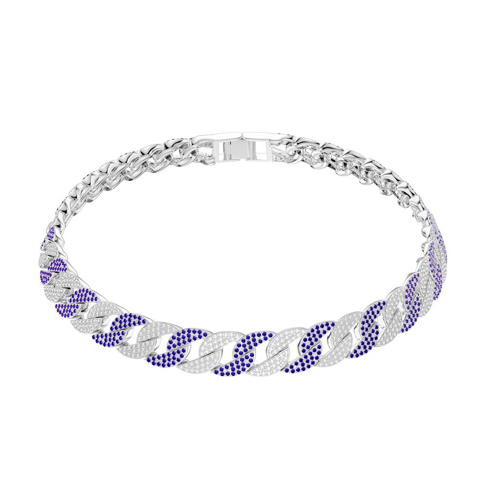 Infinity Blue and White Sapphire Platinum plated Silver Pave Link Choker Necklace