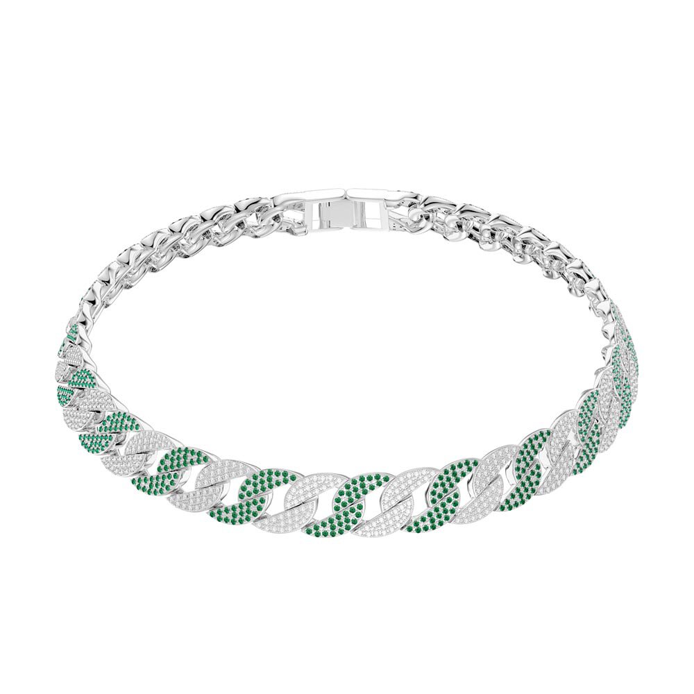 Infinity Emerald and White Sapphire Platinum plated Silver Pave Link Choker Necklace