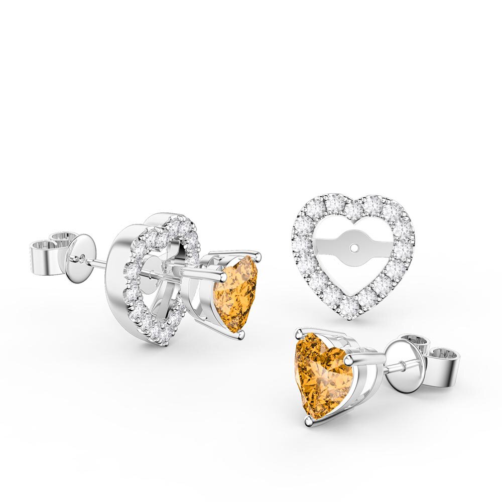 Charisma Citrine Heart and White Sapphire Platinum Plated Silver Stud Earrings Halo Jacket Set