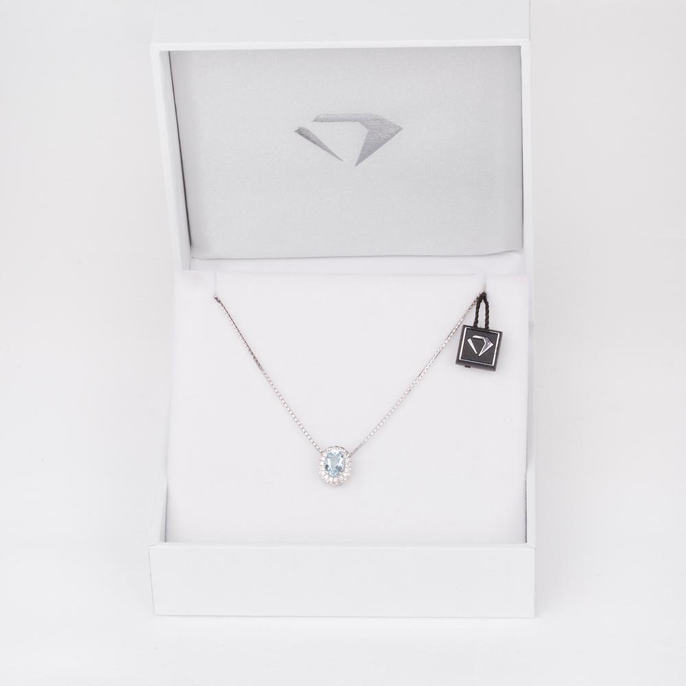 Eternity Aquamarine Platinum plated Silver Halo Oval Pendant #2