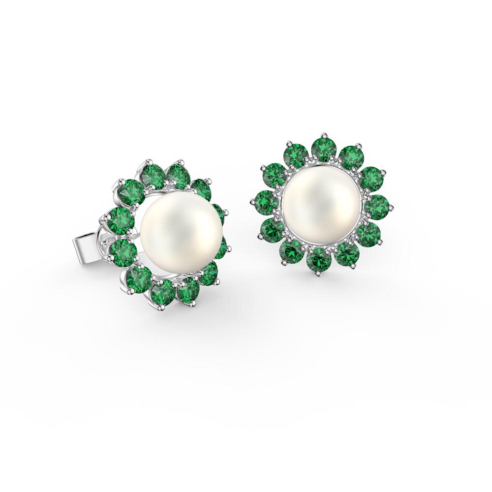 Fusion Akoya Pearl 18ct White Gold Stud Emerald Gemburst Earrings Halo Jacket Set #2