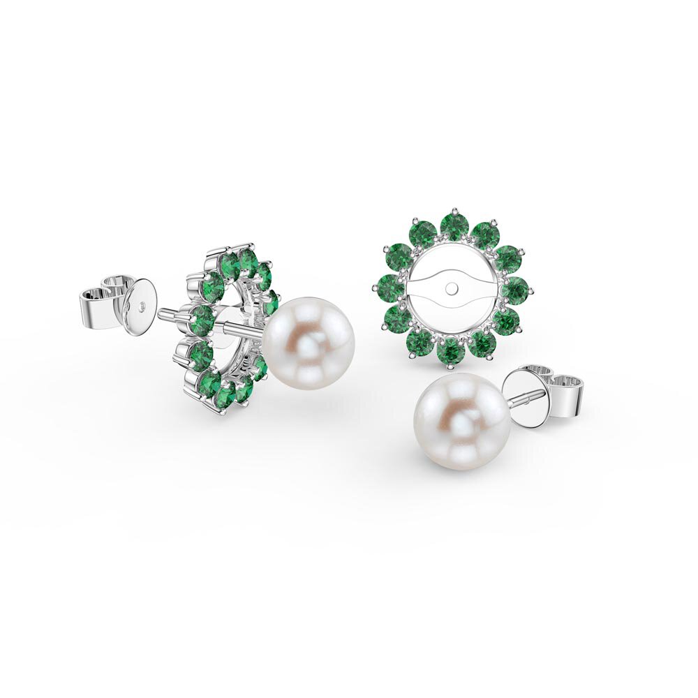Fusion Akoya Pearl 18ct White Gold Stud Emerald Gemburst Earrings Halo Jacket Set