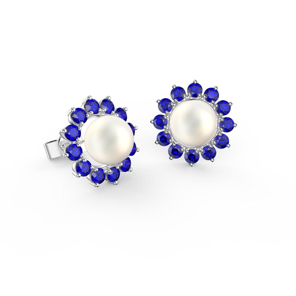 Fusion Akoya Pearl 18ct White Gold Stud Sapphire Gemburst Earrings Halo Jacket Set #2