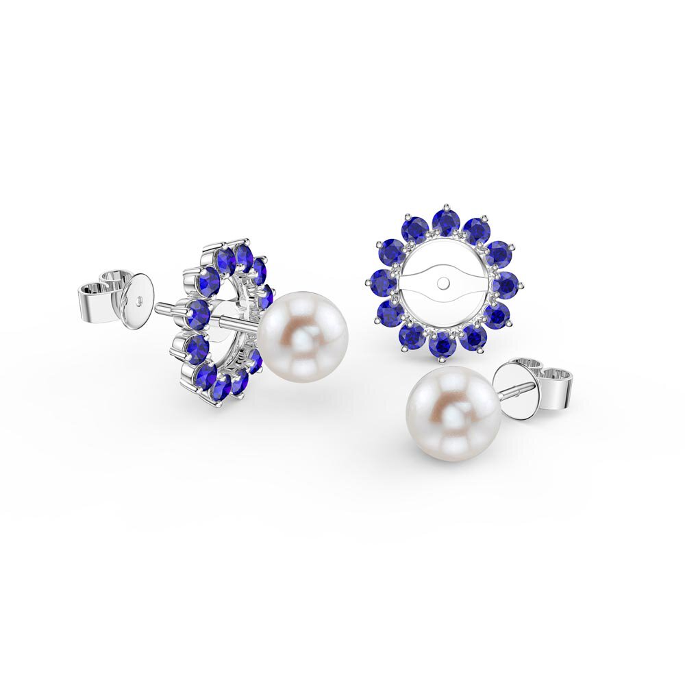 Fusion Akoya Pearl 18ct White Gold Stud Sapphire Gemburst Earrings Halo Jacket Set
