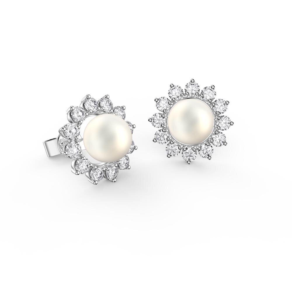 Fusion Akoya Pearl 18ct White Gold Stud Moissanite Starburst Earrings Halo Jacket Set #2
