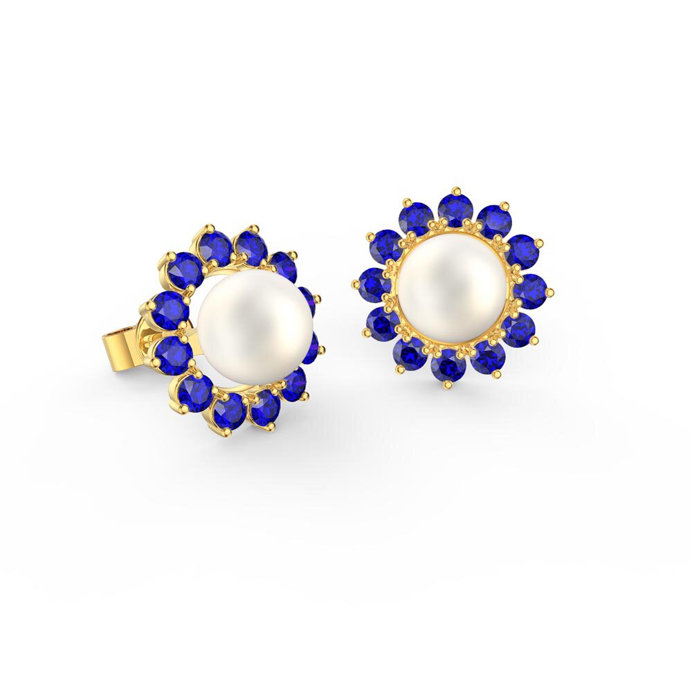 Fusion Akoya Pearl 18ct Yellow Gold Stud Sapphire Gemburst Earrings Halo Jacket Set #2
