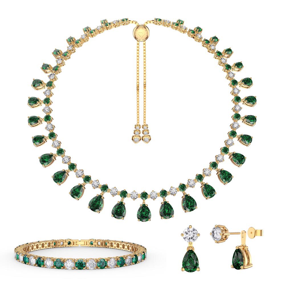 Princess Graduated Pear Drop Emerald 18ct Gold Vermeil Silver Choker Tennis Necklace Jewellery Set