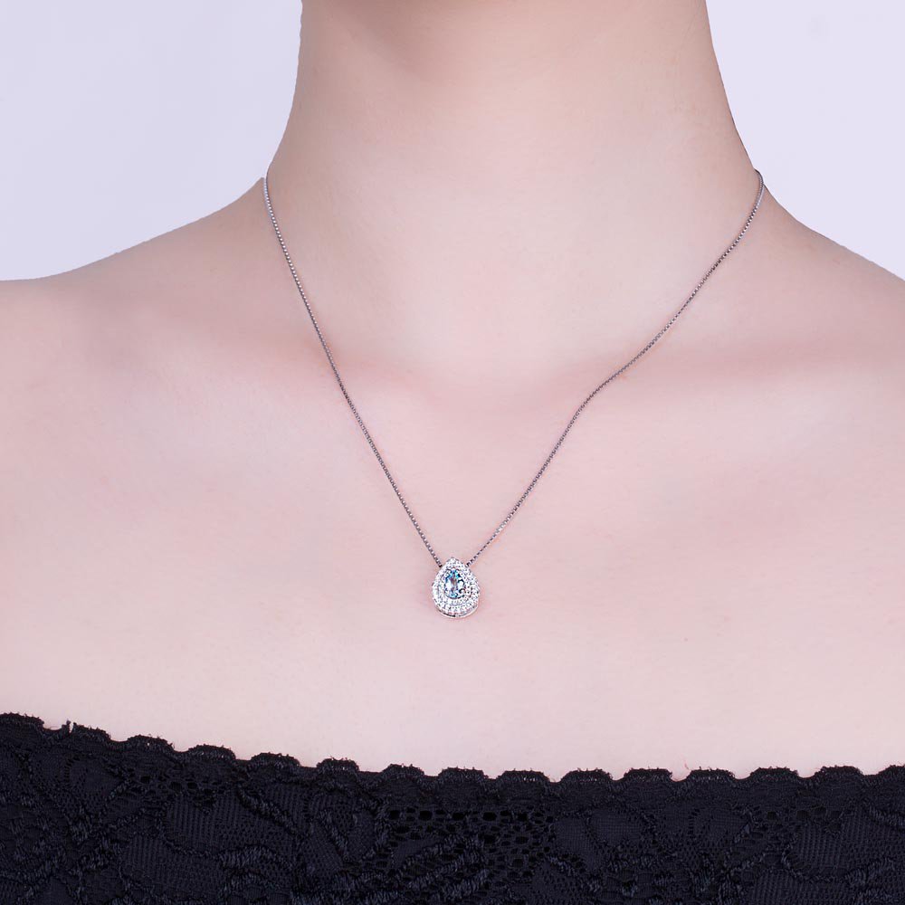 Fusion Aquamarine Halo Platinum plated Silver Pear Pendant #2