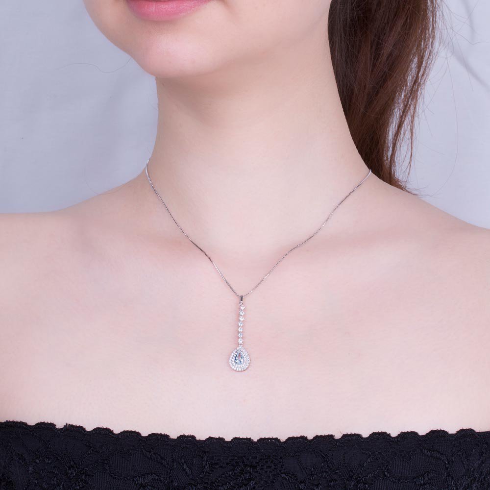 Fusion Aquamarine Halo Platinum plated Silver Pear Pendant #3