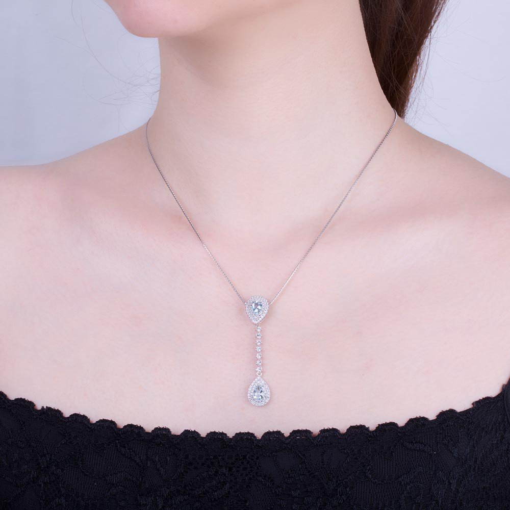 Fusion Aquamarine Halo Platinum plated Silver Pear Pendant #4