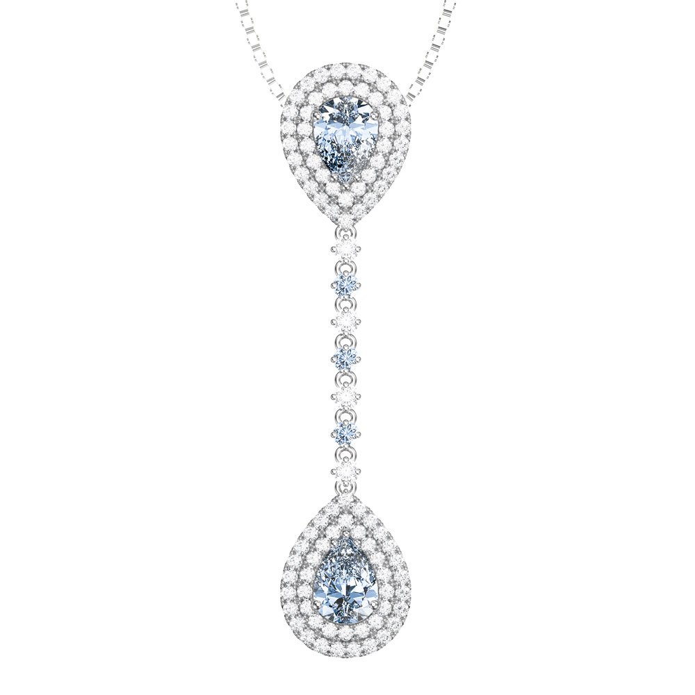 Fusion Aquamarine Halo Platinum plated Silver Drop Pear Pendant Set
