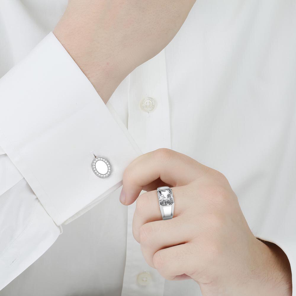3ct Moissanite Emerald cut Platinum plated Silver Bezel Signet Ring #2