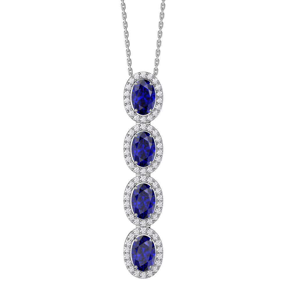 Eternity 2ct Blue Sapphire Oval Halo Platinum plated Silver Drop Pendant
