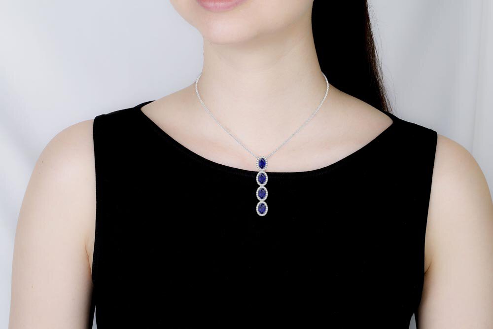 Eternity 2ct Blue Sapphire Oval Halo Platinum plated Silver Drop Pendant #2