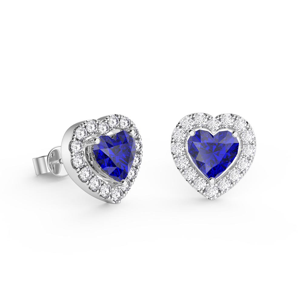 Charisma Heart Blue Sapphire and Moissanite 18ct White Gold Stud Earrings Halo Jacket Set #2