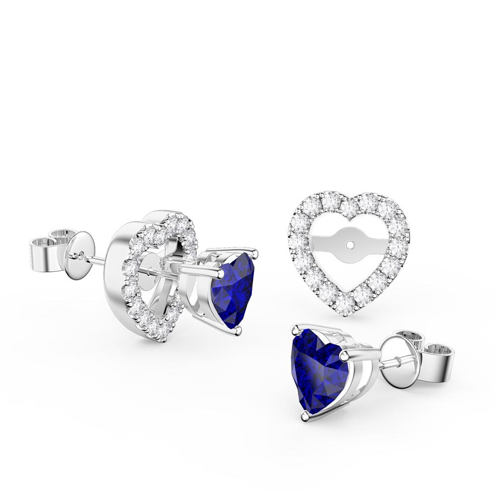 Charisma Heart Blue Sapphire and Moissanite 18ct White Gold Stud Earrings Halo Jacket Set