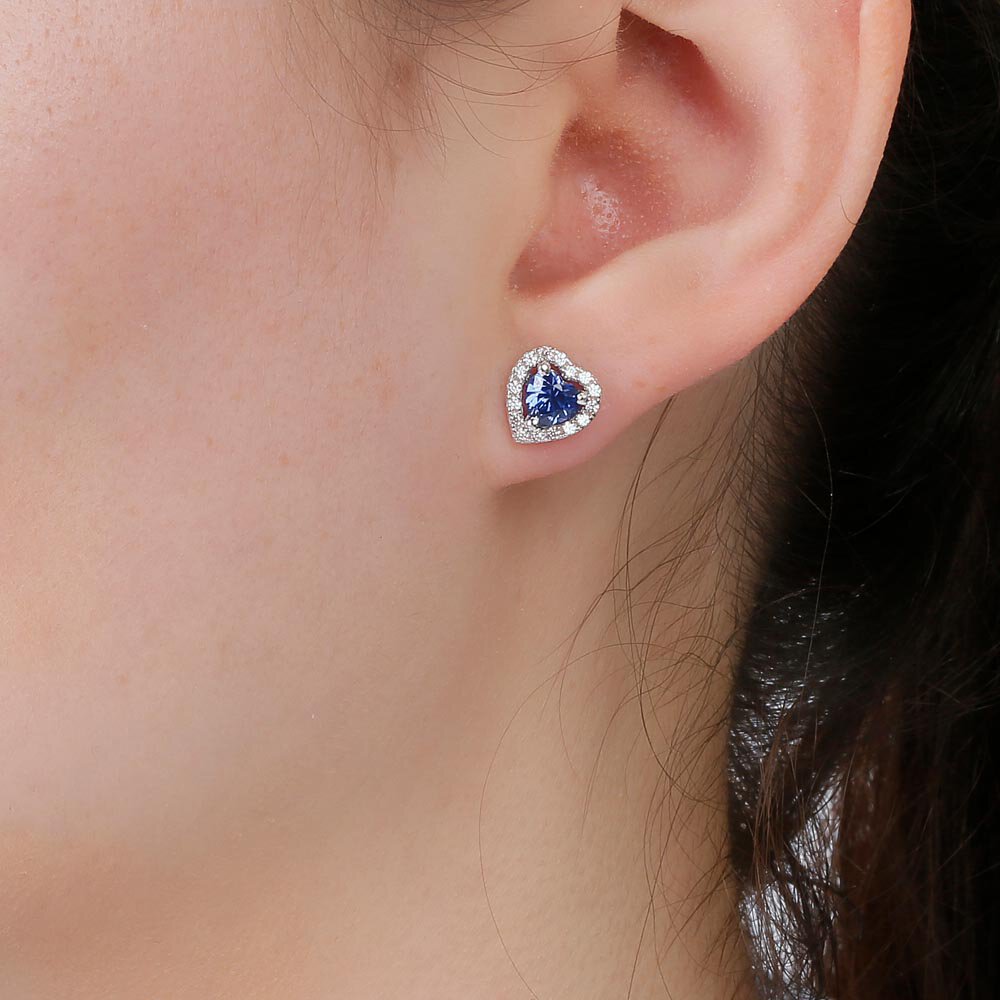 Charisma Heart Blue and White Sapphire Platinum Plated Silver Stud Earrings Halo Jacket Set #5
