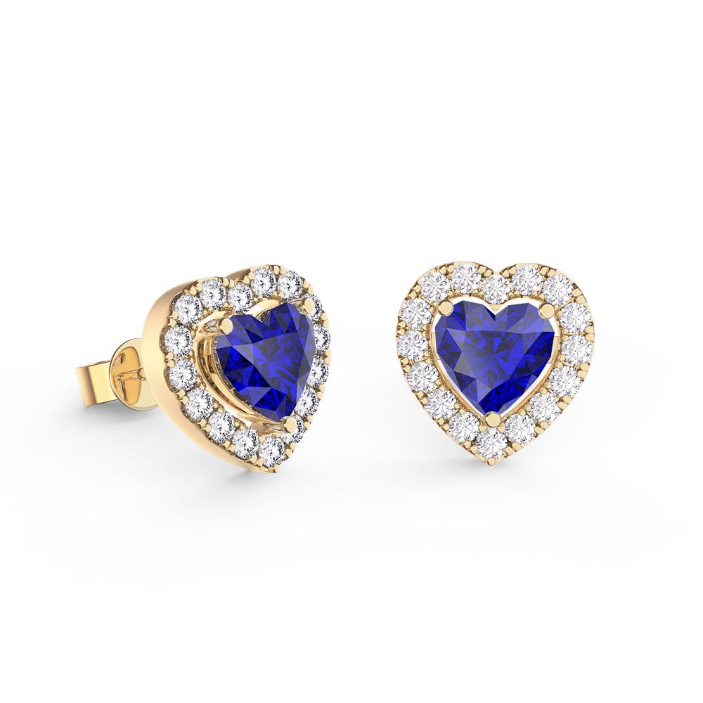 Charisma Heart Blue Sapphire and Diamond 18ct Yellow Gold Stud Earrings Halo Jacket Set #2