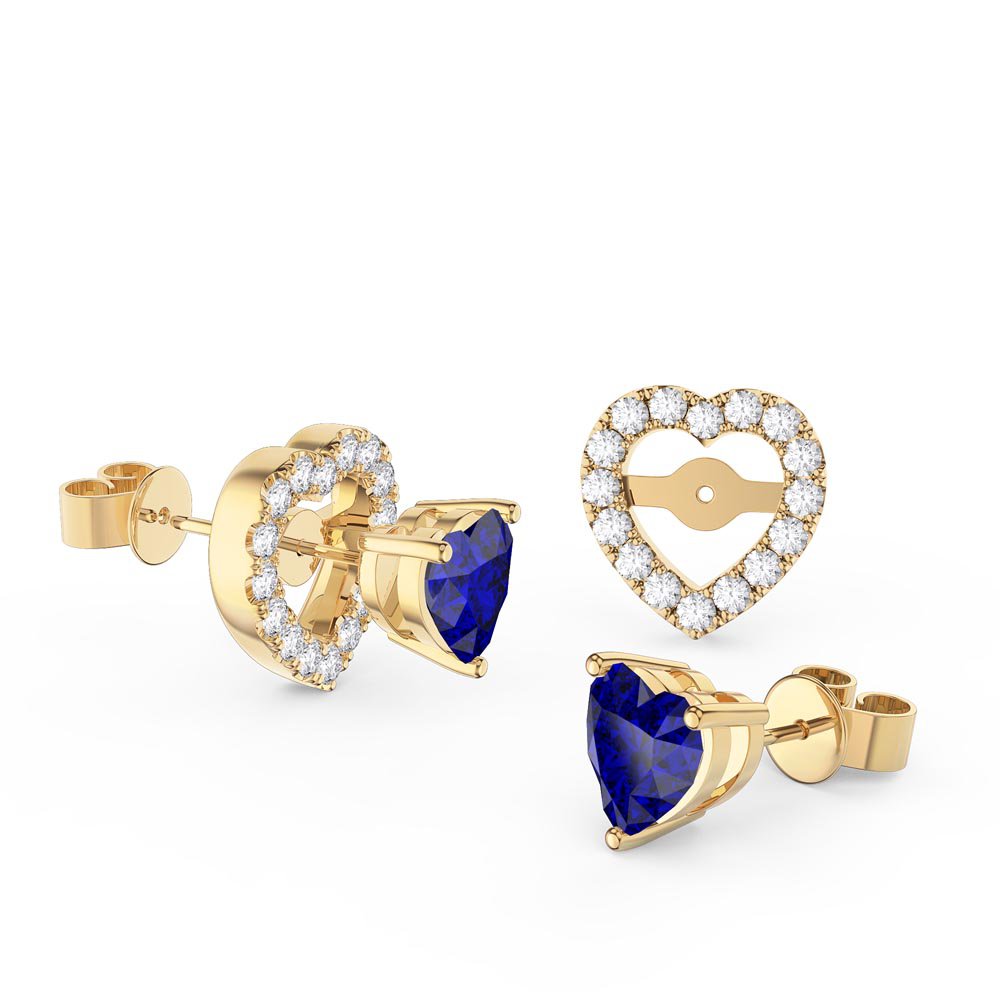Charisma Heart Blue Sapphire and Diamond 18ct Yellow Gold Stud Earrings Halo Jacket Set
