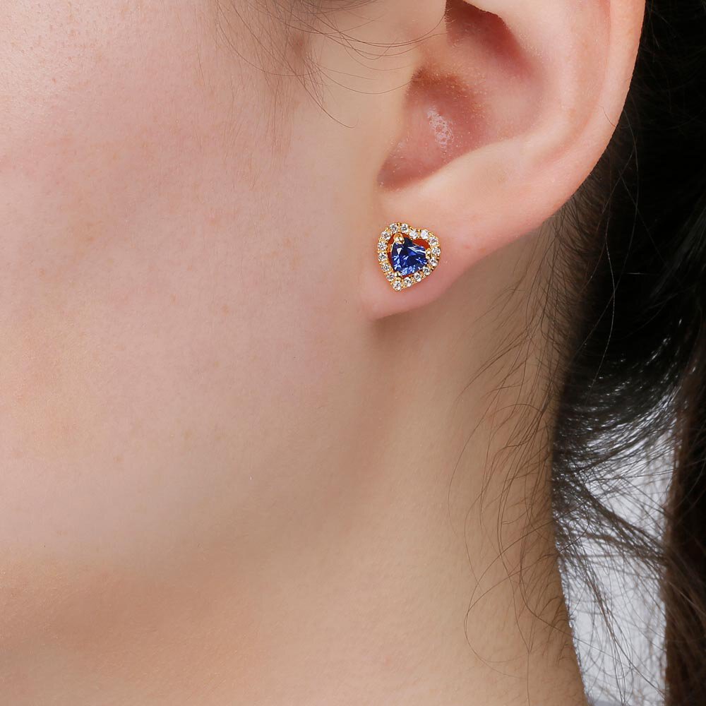 Charisma Heart Blue Sapphire and Diamond 18ct Yellow Gold Stud Earrings Halo Jacket Set #3