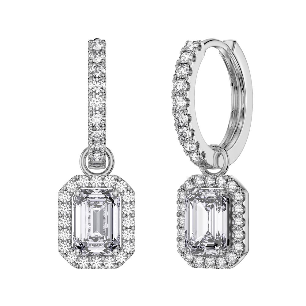 Princess 2ct  White Sapphire Emerald Cut Halo Platinum plated Silver Interchangeable Hoop Drop Set