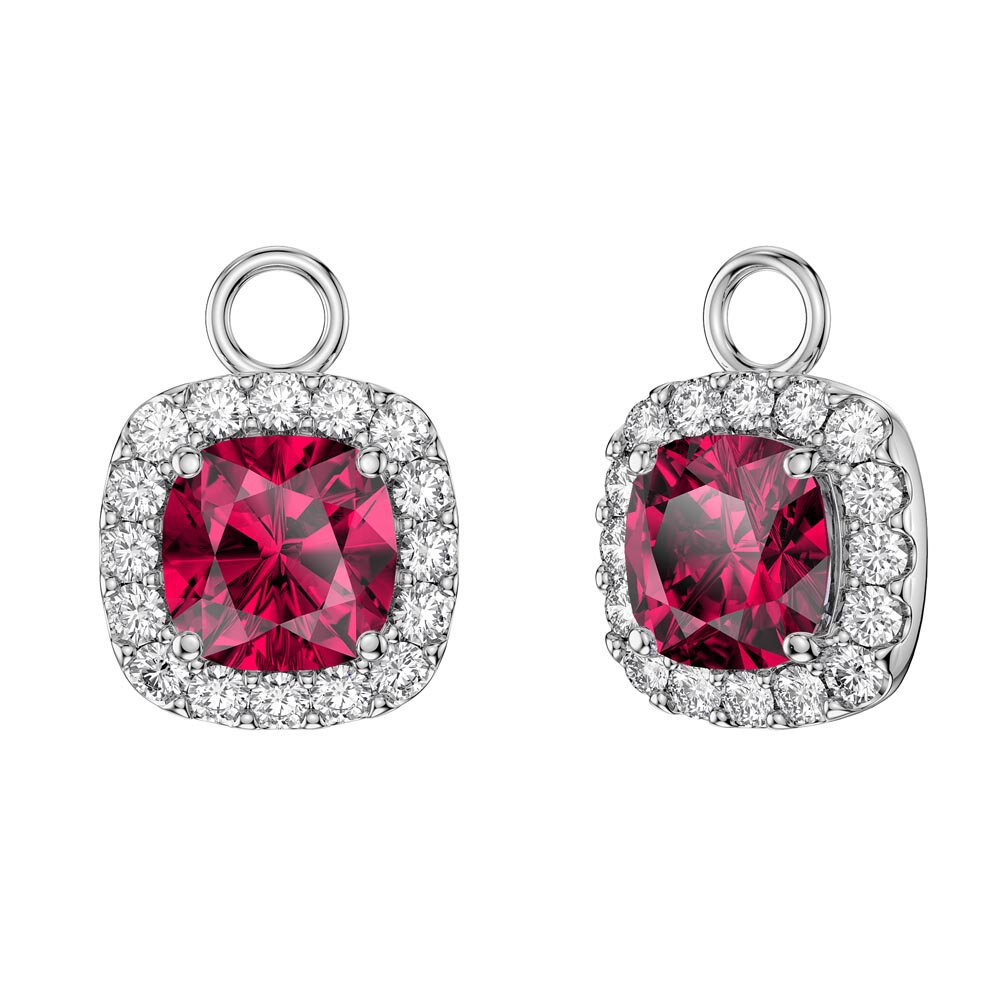 Princess 2ct  Ruby Cushion Cut Halo Platinum plated Silver Interchangeable Earring Drops