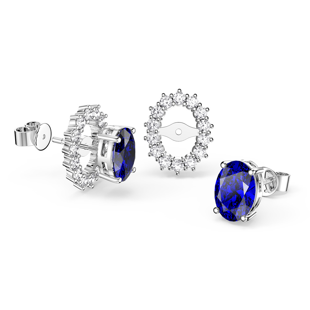 Eternity Oval Sapphire Platinum Plated Silver Stud Earrings Halo Jacket Set